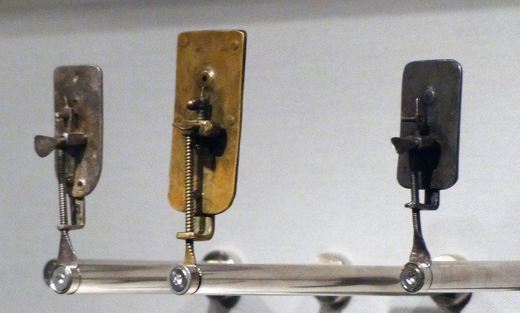 Three of van Leeuwenhoek's microscopes, Boerhaave Museum