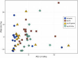 A principal component analysis of the pathway abundance profiles obtained for 15 HMP samples and by four different annotation protocols. HMP samples are numbered from 1 to 15 according to the list that appears in the Methods section of the manuscript. The different protocols are represented by color and shape. Note that two outlier protocols for sample 14 are not shown but were included in the PCA calculation. Figure and text adapted from: Carr R, Borenstein E (2014) Comparative Analysis of Functional Metagenomic Annotation and the Mappability of Short Reads. PLoS ONE 9(8): e105776. doi:10.1371/journal.pone.0105776. See the manuscript for full details.