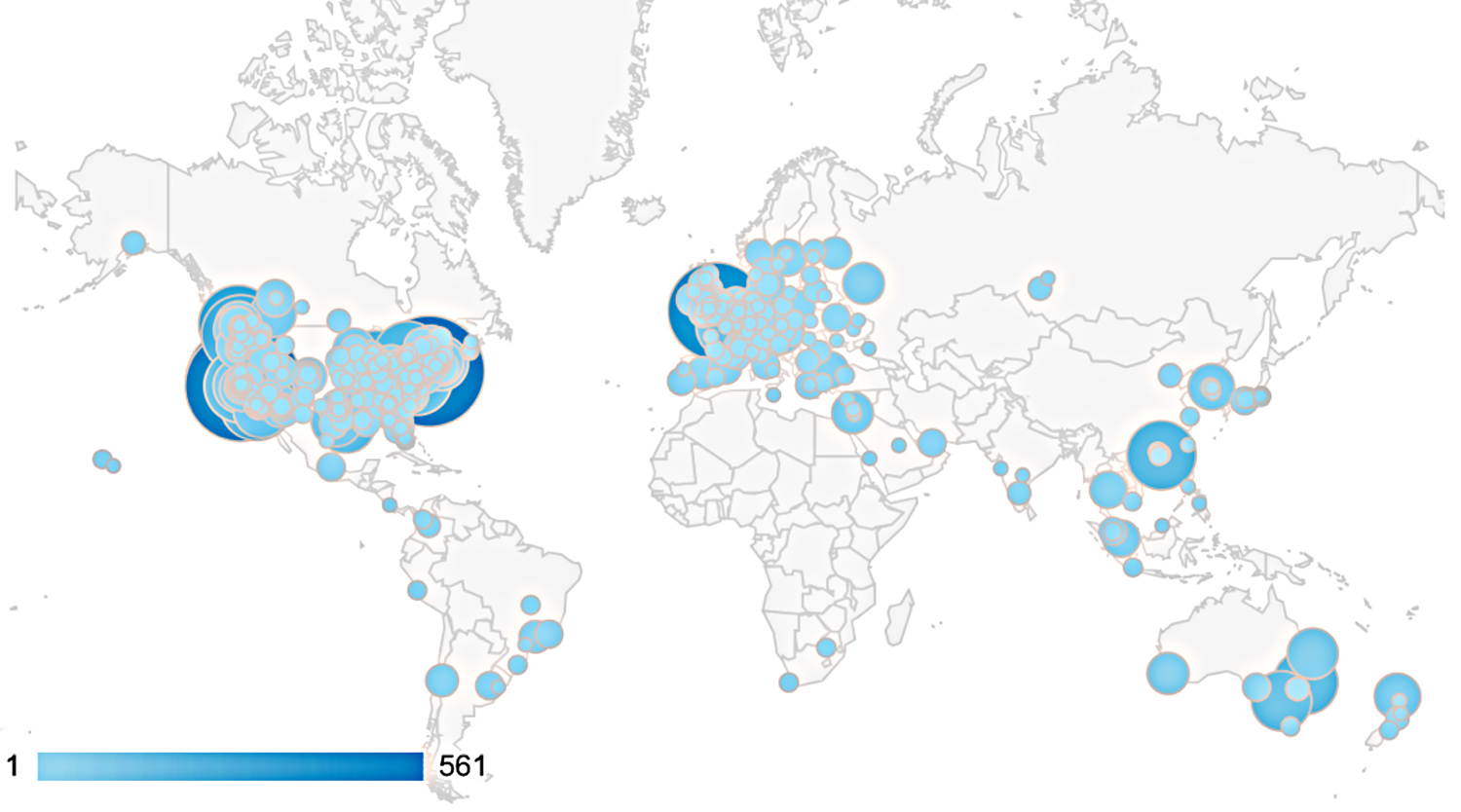 Geographic locations of page views of the Kickstarter campaign for kittybiome from Google Analytics. The colors and bubble sizes represent numbers of sessions out of a total of 20,997 page views. New users account for 82.4% (17,304) of the page views. Geographic location was not determined for 4.6% of views.