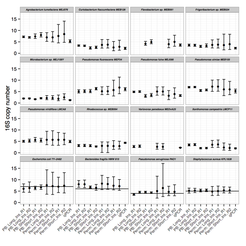 16S copy number estimates from de novo assemblies. For each endophytic isolate, paired-end sequencing reads (R1, R2) were generated on the Illumina HiSeq 2000 from short (~250 bp) and long (~2500) insert libraries (Short_Ins and Long_Ins, respectively). For closed-genome controls, similarly generated sequencing reads were downloaded from SRA: Escherichia coli TY-2482 (GCA_000217695.2, SRR292678, SRR292862), Bacteroides fragilis HMW 615 (GCA_000297735.1, SRR488169, SRR488170), Pseudomonas aeruginosa PAO1 (GCA_000006765.1, SRR032420, SRR032832) and Staphylococcus aureus KPL1828 (GCA_000507725.1, SRR835799, SRR958927). The 16Stimator pipeline was used to estimate 16S copy number as the ratio of median coverage for 16S and single-copy genes. Confidence intervals (95%) were either calculated as in Price and Bonett (2002) (PB), or via permutations (Perm). For endophytic isolates, 16S copy numbers were independently verified by absolute quantification via qPCR with the mean and standard deviation of technical replicates shown. For closed-genome controls, each horizontal line marks the rrnDB (Stoddard et al., 2014) consensus 16S copy number for each species. Note: the short-insert library for MEDvA23 and the long-insert library for MEB061 did not meet quality thresholds. 16S copy number was not experimentally determined by qPCR for E. coli TY-2482, B. fragilis HMW 615, P. aeruginosa PAO1 and S. aureus KPL1828.